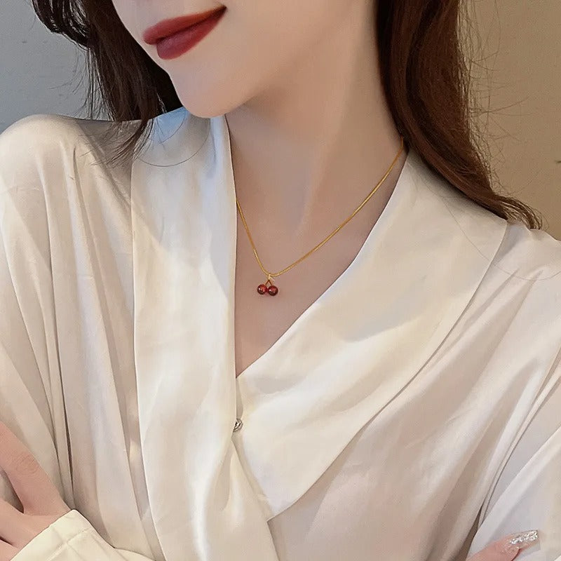 Scarlet Kiss™ – Wine Red Cherry Gold Pendant Necklace