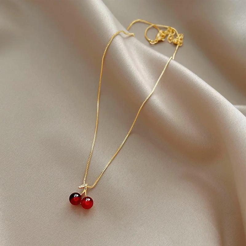 Scarlet Kiss™ – Wine Red Cherry Gold Pendant Necklace