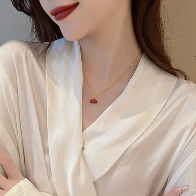 Scarlet Kiss™ – Wine Red Cherry Gold Pendant Necklace