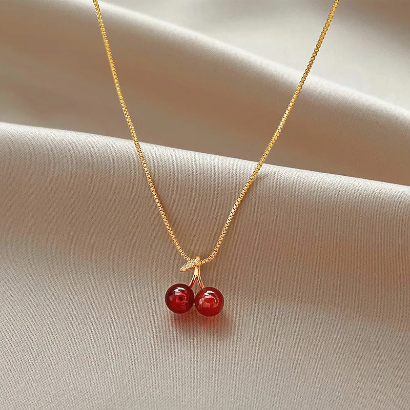 Scarlet Kiss™ – Wine Red Cherry Gold Pendant Necklace